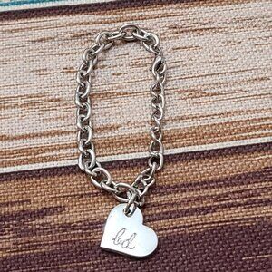 Engraved Initials Heart Pendant Silver Tone Chain Bracelet
